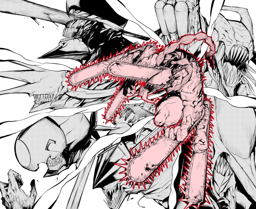 blood chainsaw chainsaw_devil chainsaw_man character_request commentary_request extra_arms highres long_tongue male_focus monochrome monster multiple_boys nomomono_eraser open_mouth sharp_teeth simple_background spikes teeth tongue veins weapon