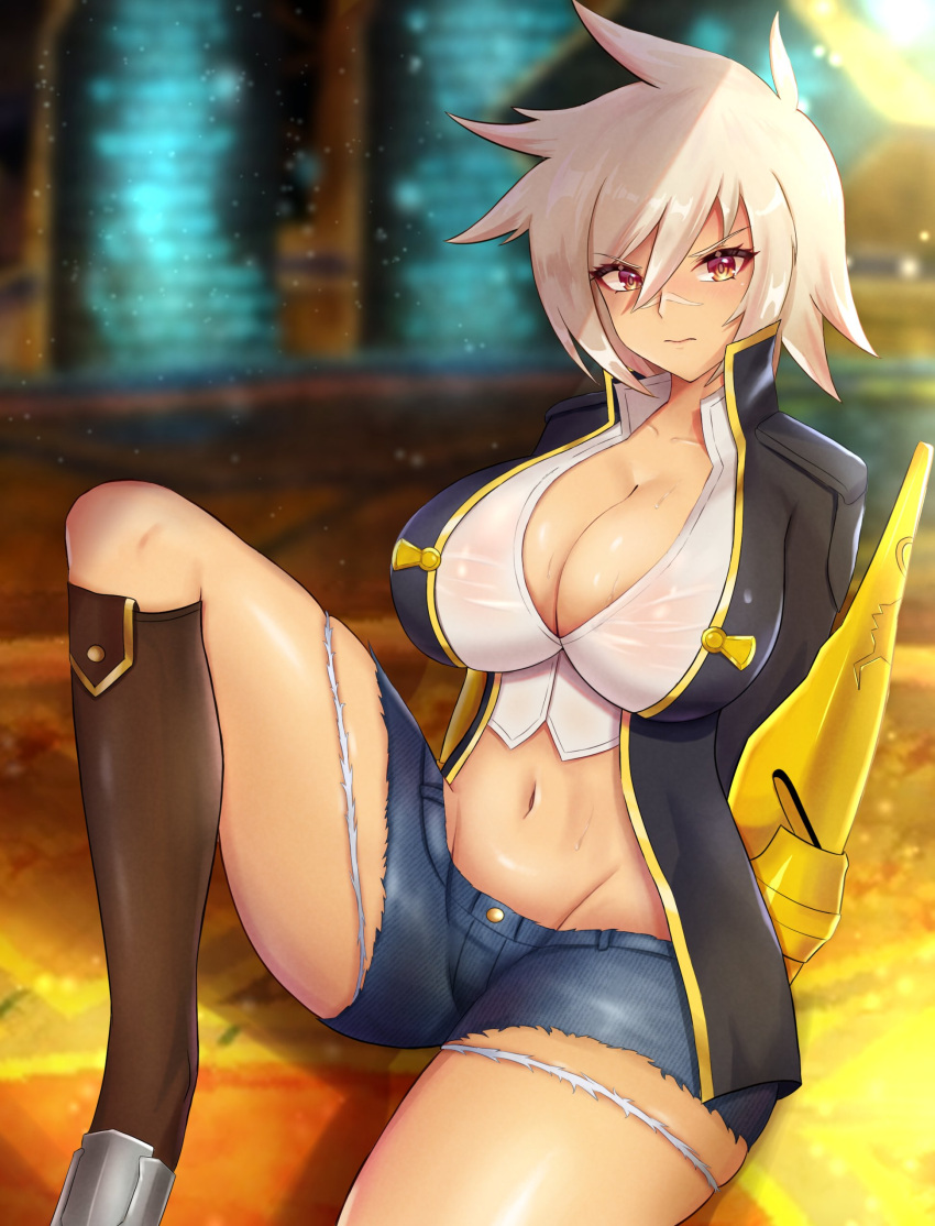 absurdres blazblue blush breasts bullet_(blazblue) cleavage dark_skin denim denim_shorts embarrassed highres jacket large_breasts micro_shorts midriff navel scar short_hair shorts sitting sleeptopi thick_thighs thighs