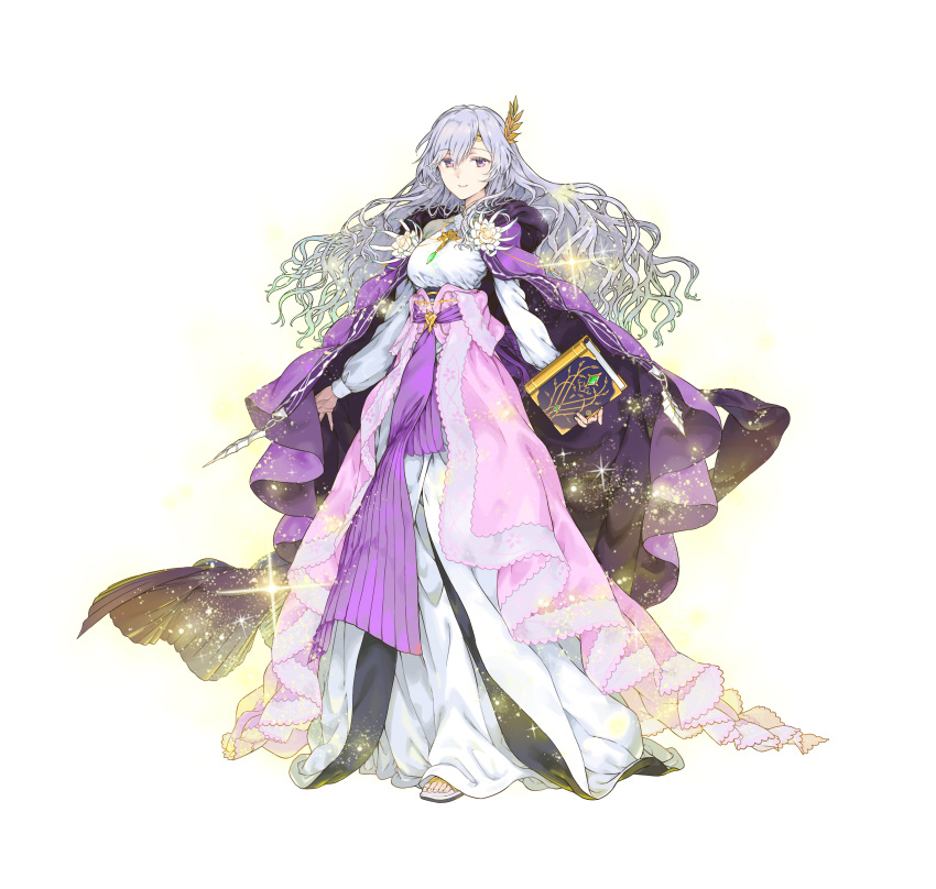 1girl absurdres bangs book breasts cape closed_mouth commentary_request deirdre_(fire_emblem) dress fire_emblem fire_emblem:_genealogy_of_the_holy_war fire_emblem_heroes full_body gold_trim haimura_kiyotaka hair_ornament highres holding holding_book lips long_dress long_hair long_skirt long_sleeves looking_at_viewer medium_breasts official_art purple_eyes purple_hair sandals simple_background skirt smile solo sparkle standing toeless_footwear toes white_background