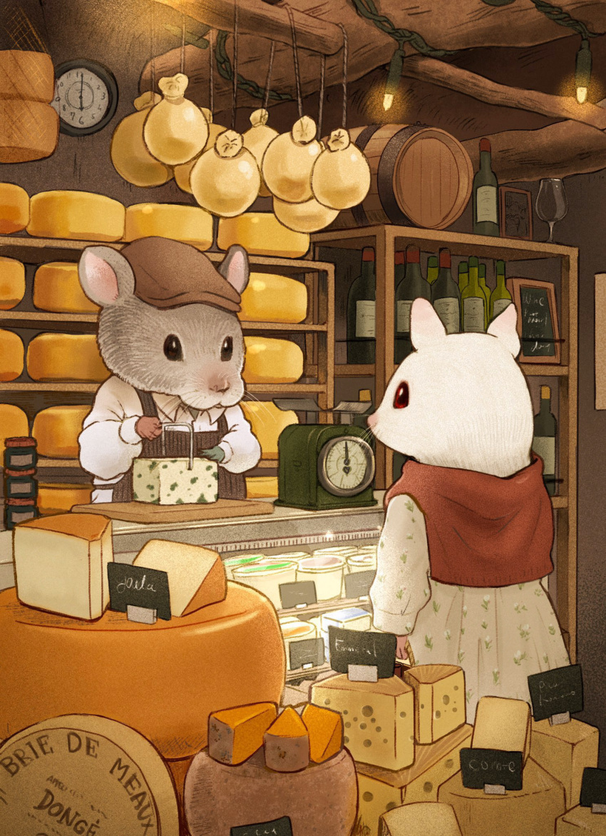 1boy 1girl barrel basket bottle brown_headwear cheese christmas_lights clock commentary_request dress english_text food fujiwara_yoshito furry furry_female furry_male highres holding holding_basket indoors long_sleeves looking_at_another mouse original red_eyes scales shop whiskers wine_bottle