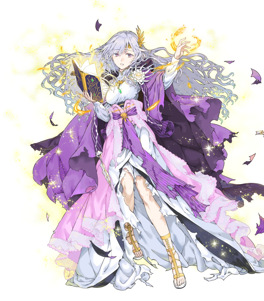 1girl bangs book breasts cape deirdre_(fire_emblem) dress fire_emblem fire_emblem:_genealogy_of_the_holy_war fire_emblem_heroes full_body gold_trim haimura_kiyotaka hair_ornament highres holding holding_book long_dress long_hair long_skirt long_sleeves medium_breasts non-web_source official_art purple_eyes purple_hair sandals skirt solo toeless_footwear toes torn_clothes transparent_background