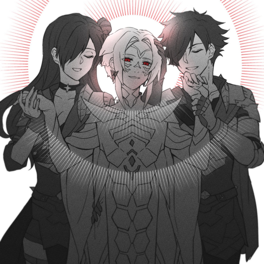 1boy 1girl 1other armor arval_(fire_emblem) bangs blush breasts cape choker cleavage closed_eyes closed_mouth dual_persona fire_emblem fire_emblem:_three_houses fire_emblem_warriors:_three_hopes fkms_szrr hair_bun hair_over_one_eye highres large_breasts long_hair looking_at_viewer purple_eyes red_eyes shez_(fire_emblem) shez_(fire_emblem)_(female) shez_(fire_emblem)_(male) short_hair simple_background smile white_hair