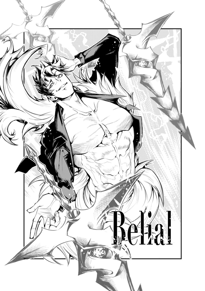 1boy abs belial_(granblue_fantasy) character_name cropped_torso feather_boa granblue_fantasy greyscale grin hand_on_own_head highres large_pectorals male_focus monochrome muscular muscular_male no_nipples nomomono_eraser open_clothes open_shirt pectorals shirt simple_background smile solo weapon