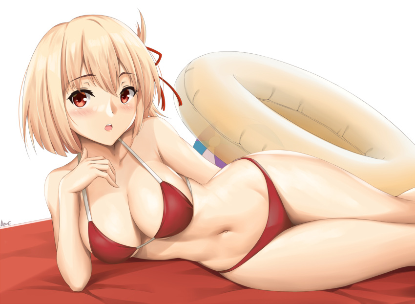 1girl :o arcie_albano arm_behind_back bikini blonde_hair breasts cleavage collarbone commentary cowboy_shot folded_hair hair_between_eyes innertube linea_alba looking_at_viewer lycoris_recoil lying medium_breasts medium_hair navel nishikigi_chisato on_side open_mouth red_bikini red_eyes simple_background solo swimsuit towel white_background wide_hips