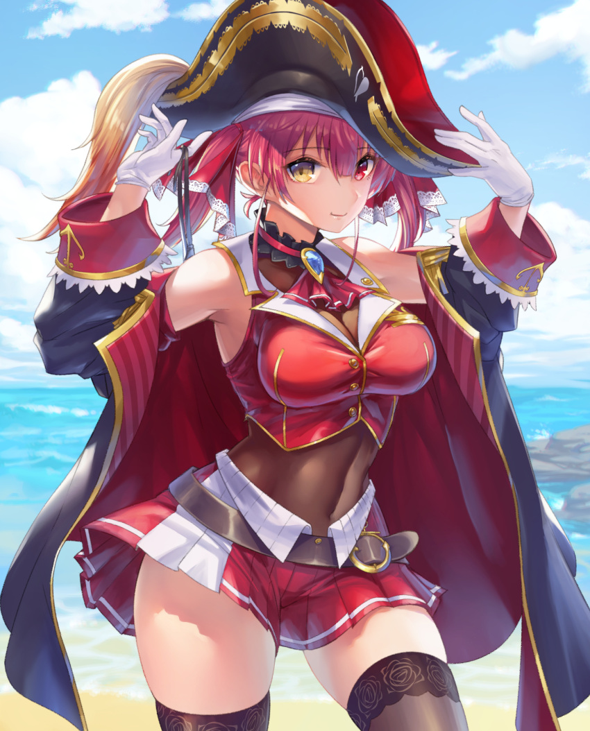 1girl ascot beach black_headwear black_jacket bodystocking breasts brown_thighhighs closed_mouth cloud cowboy_shot day gloves hair_ornament hat heterochromia highres hololive houshou_marine jacket kazto_furuya large_breasts long_sleeves looking_at_viewer miniskirt open_clothes open_jacket outdoors pirate_hat red_ascot red_eyes red_hair red_ribbon red_skirt ribbon skirt sleeveless sleeveless_jacket solo thighhighs twintails virtual_youtuber white_gloves yellow_eyes