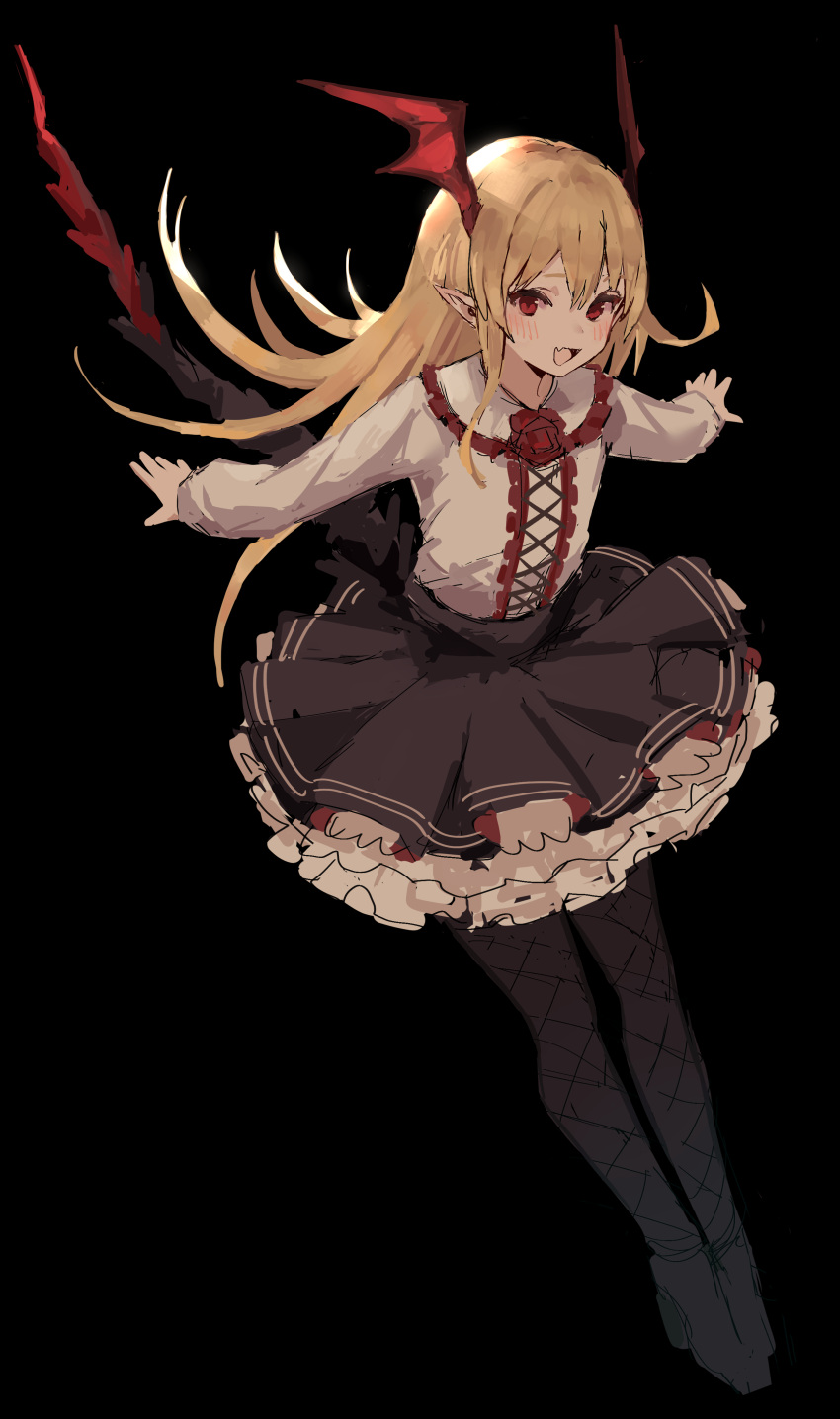 1girl absurdres black_background black_footwear black_thighhighs blonde_hair blush fang fishnet_thighhighs fishnets flower frills hair_between_eyes head_wings high_heels highres long_hair looking_at_viewer open_mouth pointy_ears red_eyes red_flower red_rose red_wings rose shingeki_no_bahamut simple_background sketch skin_fang solo tail takaha4_mei thighhighs vampire vampy wings