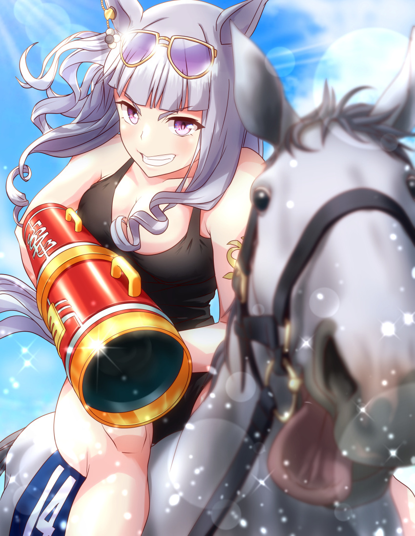 1girl absurdres animal_ears bangs black_one-piece_swimsuit blunt_bangs breasts cheesecake_(artist) cleavage creature_and_personification eyewear_on_head gold_ship_(racehorse) gold_ship_(run_revolt_launcher)_(umamusume) gold_ship_(umamusume) grey_hair highres holding holding_water_gun horse horse_ears horse_girl horse_tail horseback_riding long_hair looking_at_viewer number_pun official_alternate_costume one-piece_swimsuit purple_eyes riding sunglasses super_smashing_summer_vacation_(umamusume) swimsuit tail tongue tongue_out umamusume water_gun