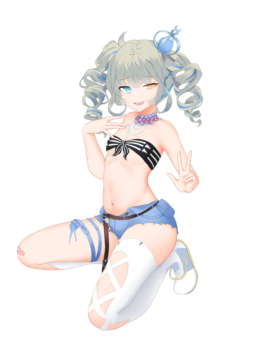 1girl absurdres asymmetrical_legwear bandaid bandaid_on_knee bandaid_on_leg bangs bare_shoulders belt black_tank_top blue_eyes blush breasts collarbone crown denim denim_shorts drill_hair drill_locks full_body girls'_frontline hair_ornament hand_on_own_chest heterochromia highres jewelry looking_at_viewer medium_hair mini_crown multicolored_hair navel navel_piercing necklace nonoan_jp open_mouth orange_eyes piercing shorts simple_background sitting small_breasts smug solo tank_top torn_footwear two-tone_hair v white_background zip.22_(girls'_frontline)