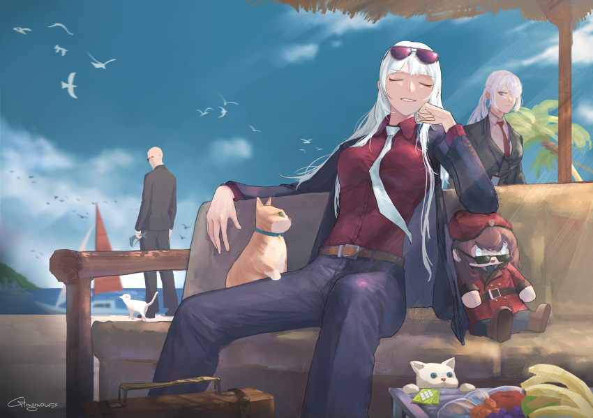 1boy 3girls :o ak-12_(girls'_frontline) ak-15_(girls'_frontline) artist_name banana bangs beach beach_umbrella belt beret bird black_jacket black_pants blue_sky breasts brown_belt brown_hair business_suit case cat closed_eyes closed_mouth commander_(girls'_frontline) couch eyewear_on_head feet_out_of_frame food formal fruit gblamgo girls'_frontline griffin_&amp;_kryuger_military_uniform hand_on_own_cheek hand_on_own_face hat highres id_card jacket long_hair long_sleeves looking_at_viewer medium_breasts multiple_girls necktie official_alternate_costume official_style open_clothes open_jacket open_mouth pants parted_lips ponytail purple_eyes red_necktie red_shirt shirt sidelocks sitting sky smile standing suit sunglasses table umbrella white_hair white_necktie white_shirt