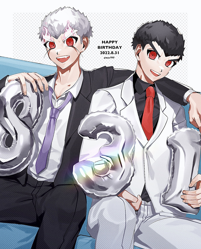 2boys alternate_costume bangs black_hair black_jacket black_shirt collarbone collared_shirt danganronpa:_trigger_happy_havoc danganronpa_(series) dated dual_persona feet_out_of_frame formal grey_background grey_hair grey_shirt happy_birthday highres ishida_(danganronpa) ishimaru_kiyotaka jacket multiple_boys necktie octo_(sumidanagi) open_clothes open_jacket pants pink_necktie red_eyes red_necktie shiny shiny_hair shirt shirt_tucked_in short_hair spoilers white_jacket white_pants