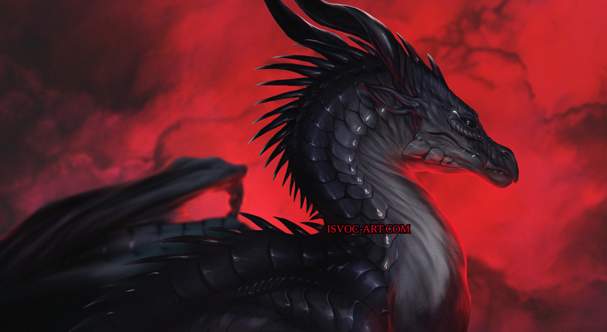 2022 ambiguous_gender black_body black_scales black_sclera digital_media_(artwork) dragon feral hi_res horn isvoc membrane_(anatomy) membranous_wings scales scalie solo spines western_dragon wings