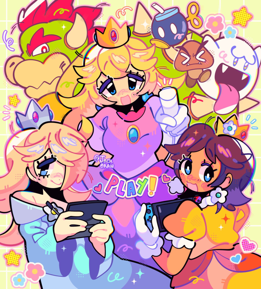 1boy 3girls blonde_hair blue_dress blue_eyes blush bob-omb boo_(mario) bowser brown_hair crown dress earrings english_text flower gloves goomba hand_up happy heart highres holding_hands ipad jack0ran jewelry koopa_bros. long_hair long_tongue looking_at_viewer mario_(series) multiple_girls nintendo_switch orange_dress princess_daisy princess_peach red_eyes red_hair rosalina short_hair smile star_(sky) tablet_pc tongue