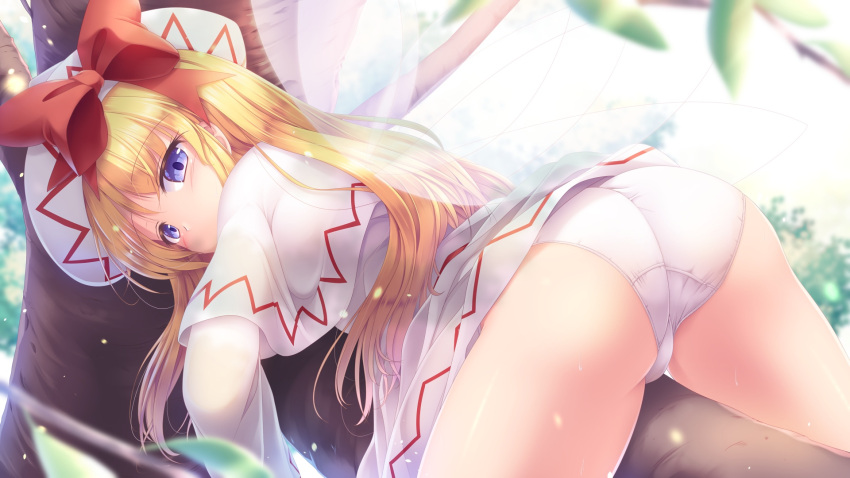 1girl ass blonde_hair blue_eyes blush capelet dress fairy fairy_wings from_behind hat highres lily_white long_hair long_sleeves looking_back lzh panties solo touhou tree underwear white_capelet white_dress white_headwear white_panties wings