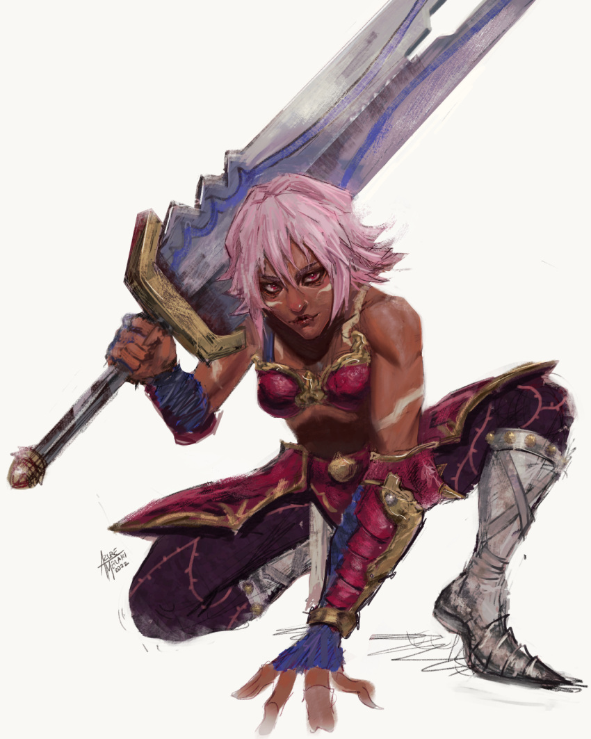 .hack// 1girl armor azure_meraki bikini_armor black_rose_(.hack//) blue_gloves boots closed_mouth dated fingerless_gloves gloves highres holding holding_sword holding_weapon looking_at_viewer one_knee pants pink_hair purple_pants red_eyes signature simple_background smile solo sword weapon white_background