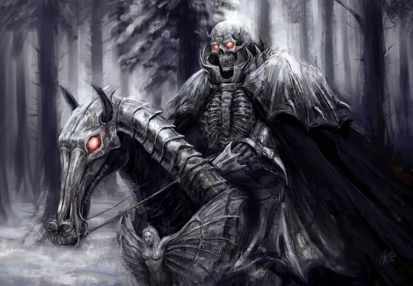 1boy absurdres azure_meraki berserk black_cape cape forest highres horseback_riding nature pine_tree riding skeleton skull_knight_(berserk) snow solo tree