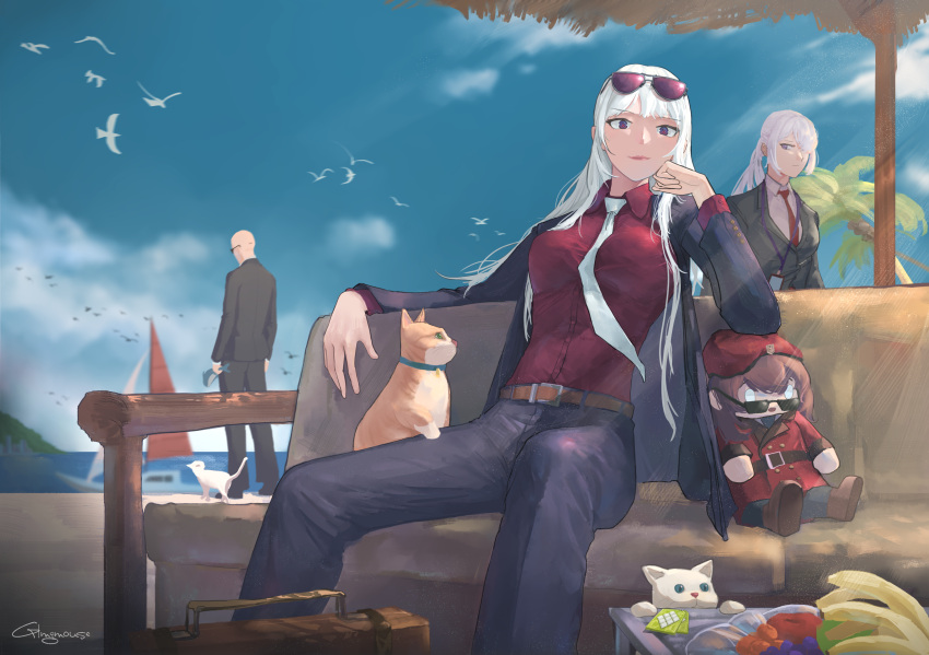 1boy 3girls :o ak-12_(girls'_frontline) ak-15_(girls'_frontline) artificial_eye artificial_eyes artist_name banana bangs beach beach_umbrella belt beret bird black_jacket black_pants blue_sky breasts brown_belt brown_hair business_suit case cat closed_mouth commander_(girls'_frontline) couch eyewear_on_head feet_out_of_frame food formal fruit gblamgo girls'_frontline griffin_&amp;_kryuger_military_uniform hand_on_own_cheek hand_on_own_face hat highres id_card jacket lips long_hair long_sleeves looking_at_viewer mechanical_eye medium_breasts multiple_girls necktie official_alternate_costume official_style open_clothes open_jacket open_mouth pants ponytail purple_eyes red_necktie red_shirt shirt sidelocks sitting sky smile standing suit sunglasses table umbrella white_hair white_necktie white_shirt