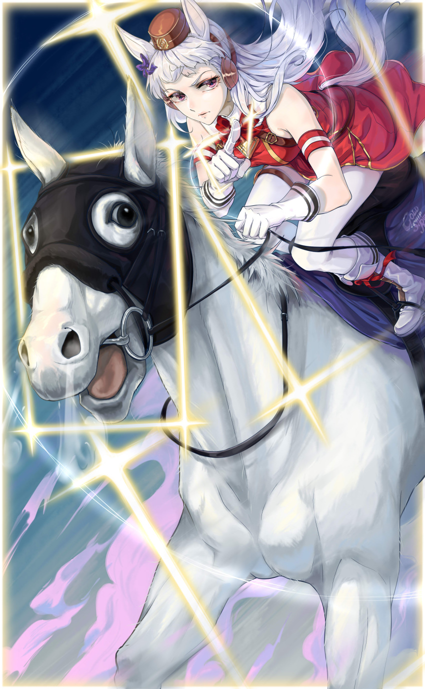 1girl absurdres animal_ears bangs blunt_bangs boots bow bowtie brown_headwear commentary creature_and_personification gold_ship_(racehorse) gold_ship_(umamusume) grey_hair highres horse_ears horse_girl horse_tail horseback_riding long_hair looking_to_the_side pillbox_hat pointing pointing_to_the_side purple_eyes red_bow red_bowtie riding symbol-only_commentary tail tongue tongue_out umamusume white_footwear yahaha