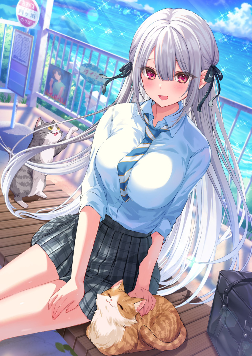 1girl :d bag bangs black_bag blue_sky blush breasts cloud collared_shirt cowboy_shot day dutch_angle green_ribbon green_skirt hair_ribbon hand_on_own_thigh highres large_breasts leaf lens_flare long_hair looking_at_viewer mikeneko_mari miniskirt multiple_cats necktie ocean open_mouth original outdoors petting plaid plaid_skirt railing red_eyes ribbon school_bag school_uniform shirt shirt_tucked_in sidelocks sitting skirt sky sleeves_rolled_up smile solo sparkle striped_necktie sunlight taut_clothes taut_shirt thighs white_hair white_shirt wooden_bench