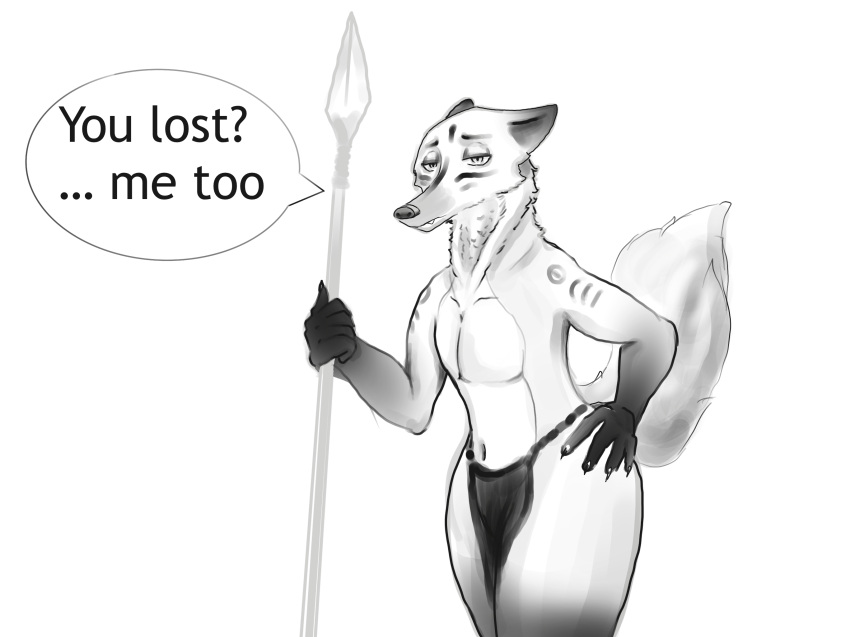 anthro bottomwear canid canine clothing dark_arms dialogue ears_back fluffy fluffy_tail fox greyscale hand_on_hip hi_res loincloth looking_at_viewer male mammal markings melee_weapon monochrome pivoted_ears polearm simple_background solo spear weapon white_background wide_hips