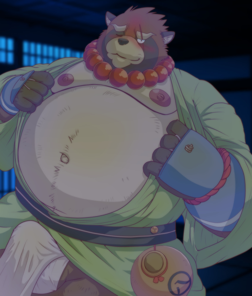 2022 anthro asian_clothing belly big_belly blush brown_body bulge canid canine clothing east_asian_clothing fundoshi genta_iwayama gyobu hi_res humanoid_hands japanese_clothing kemono lifewonders male mammal moobs navel nipples overweight overweight_male raccoon_dog scar solo tanuki tokyo_afterschool_summoners underwear ursid video_games white_clothing white_fundoshi white_underwear