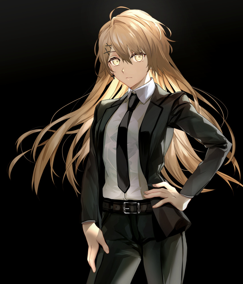 1girl absurdres alternate_costume belt black_background collared_shirt commission cowboy_shot dress_shirt expressionless formal girls'_frontline hand_on_hip highres hitotsuyama_jitan light_brown_hair long_hair looking_at_viewer necktie ppk_(girls'_frontline) shirt shirt_tucked_in skeb_commission solo suit very_long_hair yellow_eyes