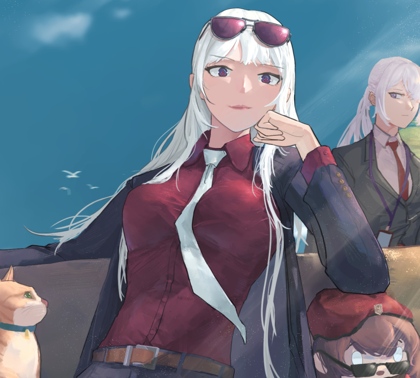 3girls :o ak-12_(girls'_frontline) ak-15_(girls'_frontline) artificial_eye artificial_eyes bangs belt beret bird black_jacket black_pants blue_sky breasts brown_belt brown_hair business_suit cat closed_mouth commander_(girls'_frontline) couch eyewear_on_head formal gblamgo girls'_frontline griffin_&amp;_kryuger_military_uniform hand_on_own_cheek hand_on_own_face hat highres id_card jacket lips long_hair long_sleeves looking_at_viewer mechanical_eye medium_breasts multiple_girls necktie official_alternate_costume official_style open_clothes open_jacket open_mouth pants ponytail purple_eyes red_necktie red_shirt shirt sidelocks sitting sky smile standing suit sunglasses upper_body white_hair white_necktie white_shirt