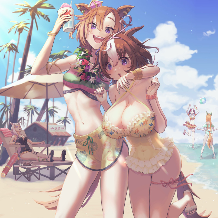 5girls animal_ears arm_up arms_up beach breasts cleavage gold_ship_(run_revolt_launcher)_(umamusume) gold_ship_(umamusume) highres horse_ears horse_girl large_breasts looking_at_viewer meisho_doto_(umamusume) missmarriku888 multiple_girls navel purple_eyes shaved_ice silence_suzuka_(umamusume) special_week_(umamusume) sunglasses swimsuit t.m._opera_o_(umamusume) tail umamusume yakisoba