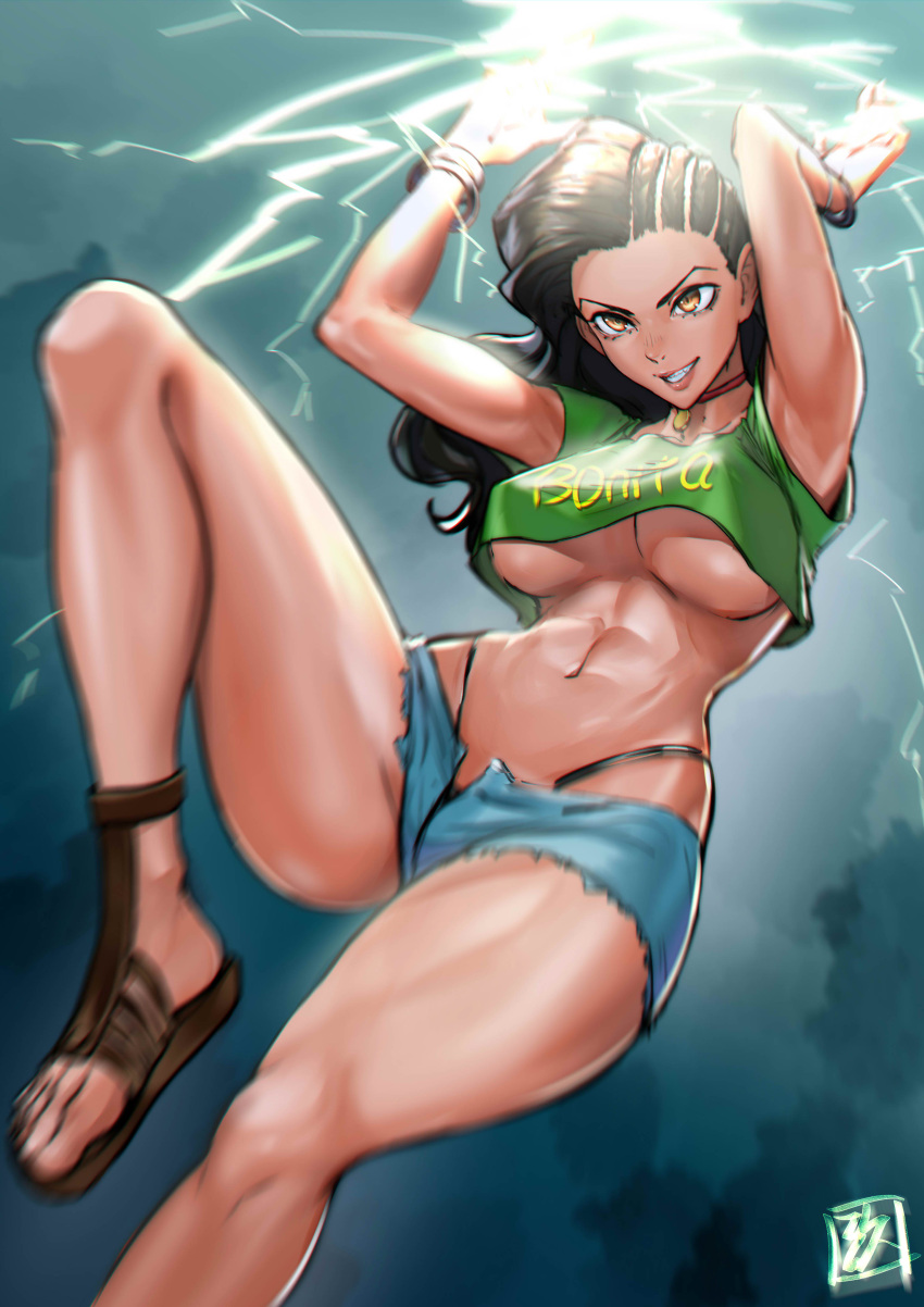 1girl abs absurdres asymmetrical_hair bangle black_hair black_panties bracelet breasts casual choker clothes_writing cornrows crop_top cutoffs dark-skinned_female dark_skin denim denim_shorts detached_sleeves electricity grin highleg highleg_panties highres jewelry kyuuakaku large_breasts laura_matsuda lips long_hair motion_lines navel no_bra official_alternate_costume panties panty_straps red_choker sandals short_sleeves shorts smile solo street_fighter street_fighter_v thick_thighs thighs toeless_footwear underboob underwear