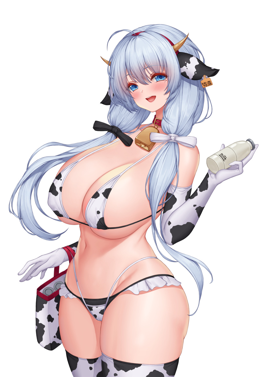 1girl :d absurdres animal_ears animal_print azur_lane bag bangs bare_shoulders bell bikini blue_eyes blush bottle breasts cameltoe cleavage cow_ears cow_girl cow_horns cow_print cowboy_shot elbow_gloves frills gloves highleg highleg_panties highres horns huge_breasts illustrious_(azur_lane) long_hair looking_at_viewer milk_bottle mole mole_under_eye navel panties pinkcap smile solo swimsuit thighhighs underwear white_background