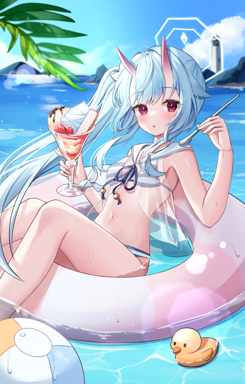 1girl absurdres babydoll ball bare_arms bare_legs beachball bikini blue_archive blue_sky blush breasts caustics chise_(blue_archive) chise_(swimsuit)_(blue_archive) cloud day feet_out_of_frame floating_hair food front-tie_top halo hands_up highres holding holding_food holding_spoon horizon horns ice_cream innertube lens_flare lighthouse long_hair looking_at_viewer nannung navel oni_horns outdoors parted_lips red_eyes rock rubber_duck sailor_collar see-through side_ponytail sitting sky small_breasts solo spoon stomach string_bikini striped striped_bikini sundae swimsuit thighs two-tone_bikini water wet white_sailor_collar