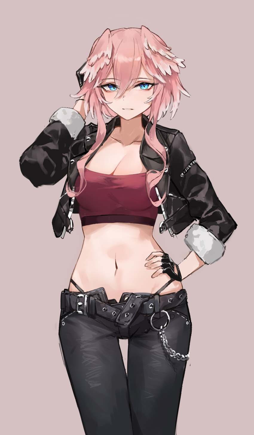 1girl absurdres belt bird_girl black_belt black_gloves black_jacket black_pants blue_eyes breasts brown_background chain cleavage collarbone cowboy_shot crop_top cropped_jacket fingerless_gloves gloves hair_between_eyes hand_on_hip hand_up highleg highres hololive jacket korogoro_(mago0057) long_sleeves looking_at_viewer medium_breasts midriff navel open_clothes open_fly open_jacket pants parted_lips pink_hair red_shirt shirt short_hair simple_background solo standing stomach takane_lui taut_clothes taut_shirt thigh_gap virtual_youtuber