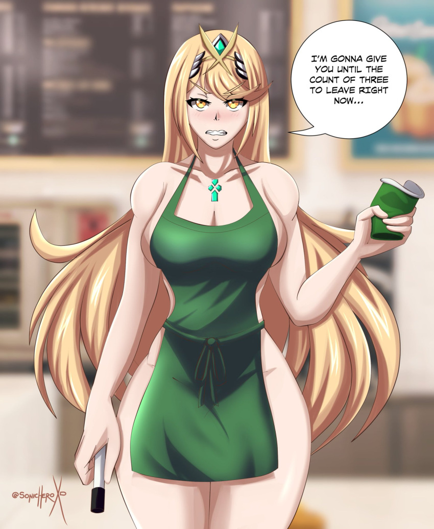 1girl angry apron blonde_hair blush breasts cafe coffee_cup cup disposable_cup english_commentary english_text headgear highres large_breasts long_hair looking_at_viewer marker menu_board mythra_(xenoblade) naked_apron nude signature solo sonicheroxd speech_bubble starbucks very_long_hair wide_hips xenoblade_chronicles_(series) xenoblade_chronicles_2 yellow_eyes