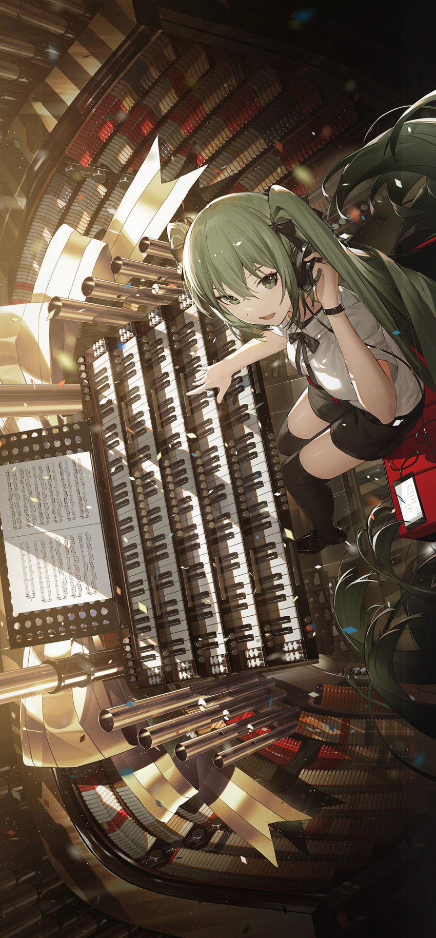1girl :d black_footwear black_ribbon black_thighhighs green_eyes green_hair hair_ribbon hatsune_miku highres instrument kieed looking_at_viewer music organ_(instrument) playing_instrument ribbon sheet_music sitting smile tagme thighhighs twintails vocaloid