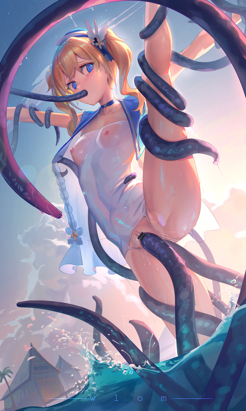 1girl anal artist_name bangs bar_censor barbara_(genshin_impact) barbara_(summertime_sparkle)_(genshin_impact) blonde_hair blue_choker blue_eyes blue_headwear blue_ribbon breasts censored choker collarbone consensual_tentacles covered_navel crotch_cutout double_penetration genshin_impact hair_between_eyes hair_ribbon heart heart-shaped_pupils hei_huo_chong highres hut leg_up long_hair nipples official_alternate_costume one-piece_swimsuit oral palm_tree partially_submerged ribbon sarong see-through_swimsuit sky small_breasts spread_legs swimsuit symbol-shaped_pupils tentacle_sex tentacles tree twintails vaginal wet wet_clothes wet_swimsuit