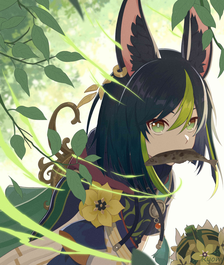 1boy absurdres animal_ear_fluff animal_ears artist_name bangs black_hair bloom blunt_ends blurry blurry_background bomb branch bright_pupils brown_eyes cape commentary_request dior's_bread drawstring earrings fish fish_in_mouth flower fox_boy fox_ears genshin_impact gradient_eyes green_cape green_eyes green_hair hair_between_eyes highres hood hood_down hoodie jewelry leaf looking_at_viewer male_focus medal mouth_hold multicolored_clothes multicolored_eyes multicolored_hair outdoors short_hair sidelocks signature single_earring solo tassel tighnari_(genshin_impact) two-tone_hair upper_body yellow_flower