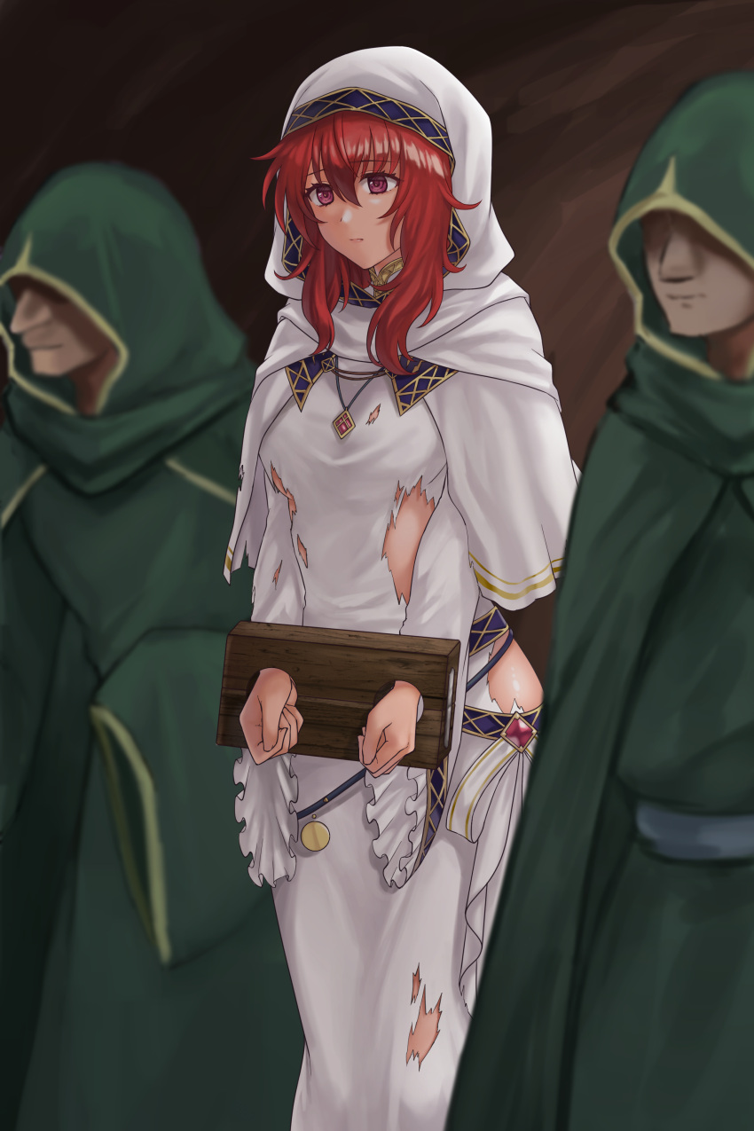 1girl 2boys absurdres blurry commission depth_of_field dress faceless faceless_male fire_emblem fire_emblem:_mystery_of_the_emblem fire_emblem:_shadow_dragon_and_the_blade_of_light green_robe hazuki_(nyorosuke) highres hood jewelry lena_(fire_emblem) long_dress long_hair long_sleeves multiple_boys necklace red_eyes red_hair restrained robe skeb_commission solo_focus stocks torn_clothes torn_dress veil white_dress wide_sleeves