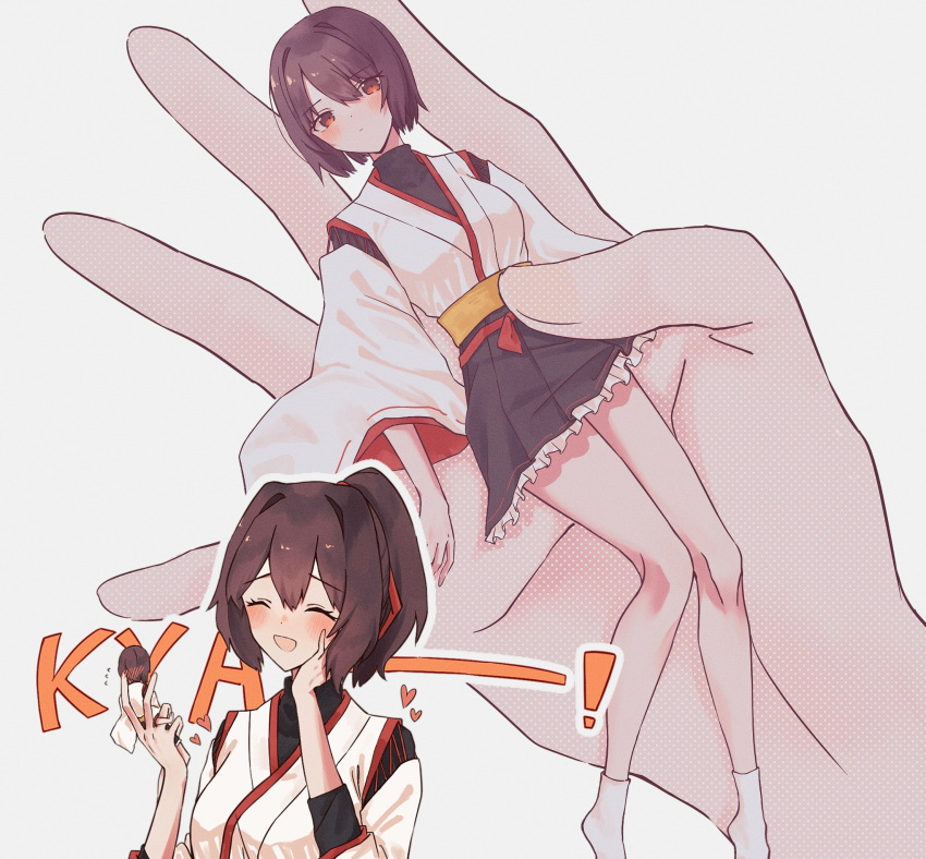 2girls black_hakama brown_eyes brown_hair delta_(063k1z5shio) hakama hakama_short_skirt hakama_skirt hand_on_own_face highres holding hyuuga_(kancolle) hyuuga_kai_ni_(kancolle) ise_(kancolle) ise_kai_ni_(kancolle) japanese_clothes kantai_collection minigirl multiple_girls ponytail short_hair skirt undershirt upper_body zoom_layer