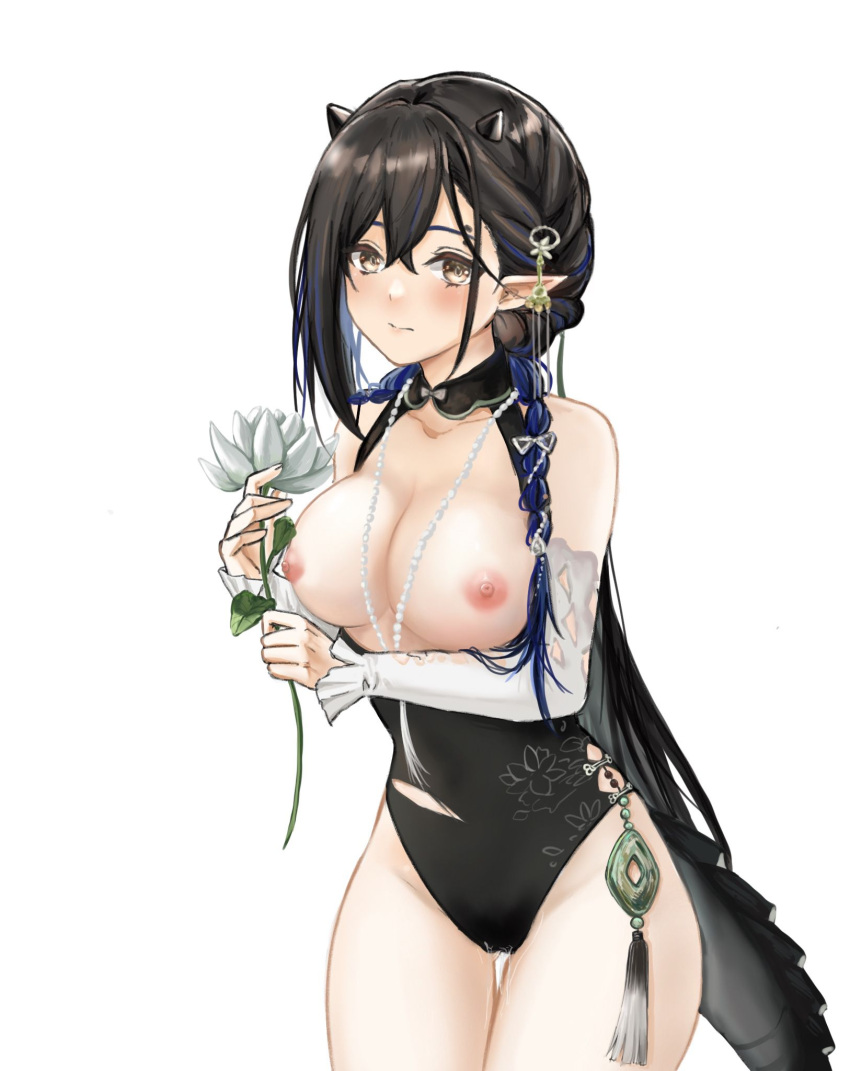 1girl 3: arknights ass_visible_through_thighs bangs bare_shoulders black_hair black_one-piece_swimsuit blacknight_(arknights) blacknight_(summer_flowers)_(arknights) blue_hair blush breasts breasts_out brown_eyes casual_one-piece_swimsuit closed_mouth cowboy_shot detached_sleeves flower highres holding holding_flower horns jewelry large_breasts long_hair long_sleeves meno_nuo multicolored_hair necklace nipples official_alternate_costume one-piece_swimsuit pointy_ears simple_background solo swimsuit tail tassel thigh_gap torn_clothes torn_swimsuit two-tone_hair white_background white_flower