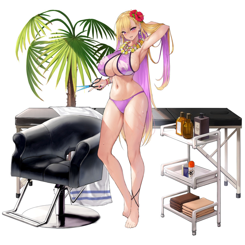 1girl anklet arm_behind_head armpits bangs barber_chair barefoot bikini blonde_hair blue_nails boryeon_(last_origin) bracelet breasts cart chair cleavage colored_inner_hair covered_nipples ear_piercing earrings flower full_body game_cg gyaru hair_between_eyes hair_flower hair_ornament halterneck heart hibiscus highres holding holding_scissors huge_breasts jewelry kirome_(kamipaper) kogal last_origin leaf_print leather_chair lei long_hair looking_at_viewer lotion_bottle massage_table mole mole_on_breast multicolored_hair multicolored_nails navel official_alternate_costume official_art palm_tree piercing purple_bikini purple_eyes purple_hair purple_nails razor_blade red_flower red_nails scissors simple_background skindentation skull_and_crossbones sling_bikini_top smile solo standing sweat swimsuit tachi-e towel transparent_background tree very_long_hair yellow_nails