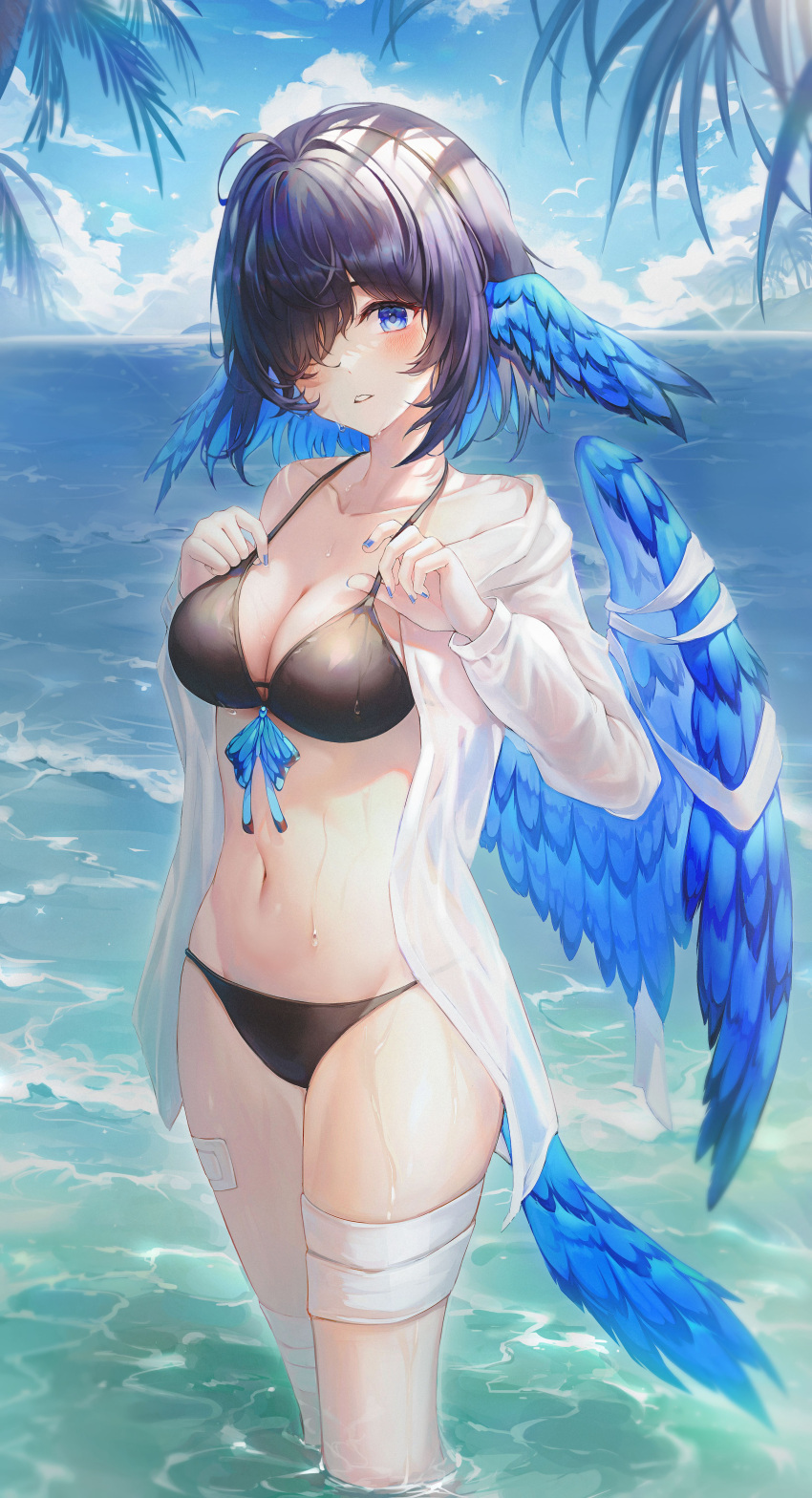 1girl absurdres ahoge bandaged_leg bandages banned_artist bare_shoulders bikini black_bikini black_hair blue_eyes blue_nails breasts cleavage collarbone colored_inner_hair commission day feathered_wings front-tie_bikini_top front-tie_top groin hair_over_one_eye halterneck hands_up head_wings highres jacket large_breasts long_sleeves looking_at_viewer mellozzo multicolored_hair nail_polish navel off_shoulder open_clothes open_jacket original outdoors parted_lips second-party_source short_hair solo standing stomach strap_pull string_bikini sunlight swimsuit tail thighs two-tone_hair wading water wet white_jacket wings