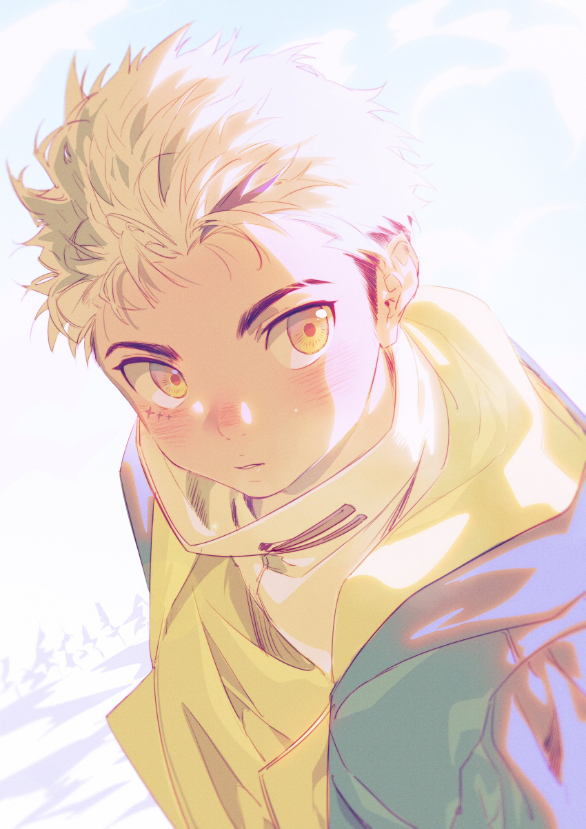 1boy absurdres blonde_hair blush child closed_mouth highres jacket looking_at_viewer male_child male_focus messy_hair omedemidori original scar scar_across_eye scar_on_face short_hair simple_background solo white_background yellow_background yellow_eyes yellow_jacket