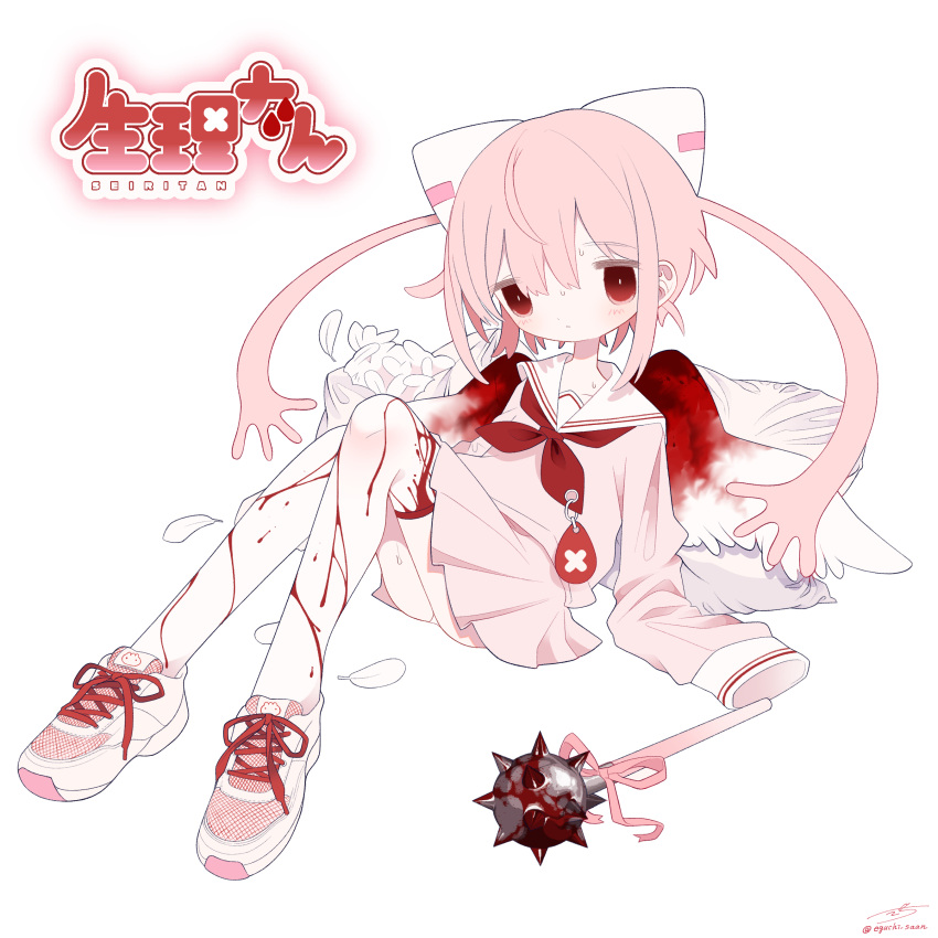 1girl absurdres angel_wings bangs blood blood_on_leg blood_on_weapon blood_stain bloody_wings bow commentary feathered_wings feathers full_body hair_bow highres knees_up long_hair long_sleeves looking_at_viewer mace neckerchief original outo_eguchi parted_lips personification pillow pink_hair pink_ribbon pink_shirt pink_skirt pleated_skirt red_eyes red_neckerchief ribbon sailor_collar sailor_shirt school_uniform seal_impression serafuku shirt shoes signature simple_background sitting skirt sleeves_past_fingers sleeves_past_wrists sneakers solo spiked_mace spikes sweat two_side_up weapon white_background white_bow white_sailor_collar white_wings wings