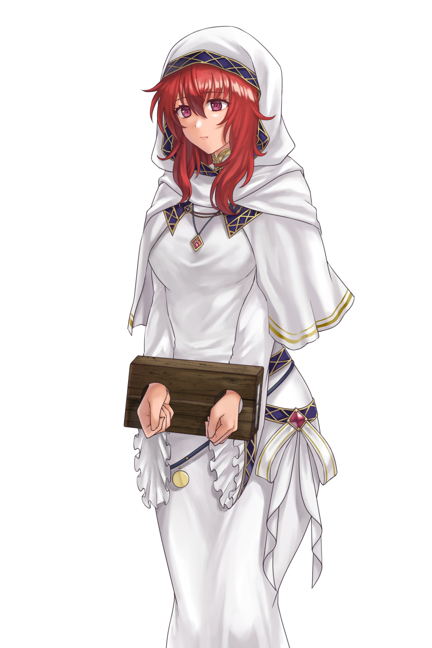 1girl absurdres closed_mouth commission dress fire_emblem fire_emblem:_mystery_of_the_emblem fire_emblem:_shadow_dragon_and_the_blade_of_light hazuki_(nyorosuke) highres hood jewelry lena_(fire_emblem) long_dress long_hair long_sleeves necklace red_eyes red_hair restrained robe simple_background skeb_commission solo stocks veil white_background white_dress wide_sleeves