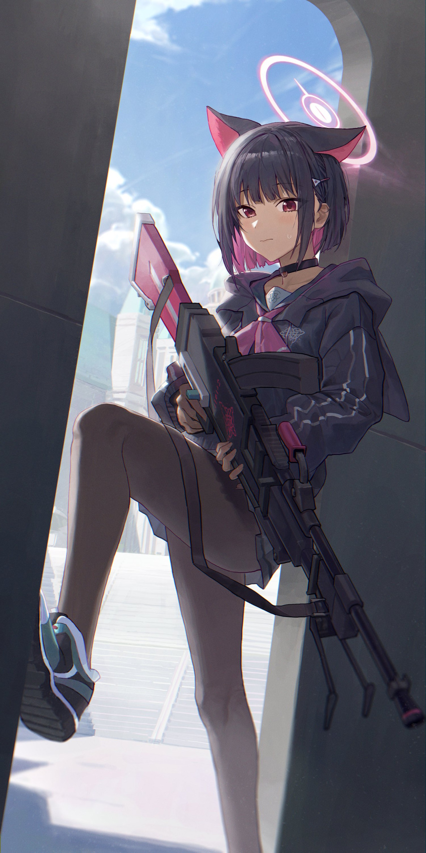 1girl absurdres animal_ears arch black_choker black_hair black_jacket blue_archive blue_sky blush bren_lmg brown_pantyhose cat_ears choker closed_mouth cloud colored_inner_hair extra_ears food-themed_hair_ornament foot_out_of_frame gun hair_ornament halo highres holding holding_gun holding_weapon hood hooded_jacket ice_cream_hair_ornament jacket kazusa_(blue_archive) legs light_machine_gun long_sleeves looking_at_viewer miniskirt multicolored_hair neckerchief pantyhose pink_hair pink_neckerchief pleated_skirt red_eyes shade shoes short_hair sidelocks skirt sky sneakers solo standing sweatdrop weapon yinrain0023