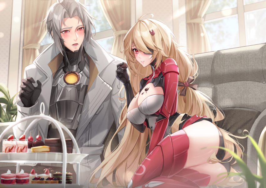 1boy 1girl ahoge ass blonde_hair blurry blurry_foreground blush breasts brother_and_sister cain_art811 cake cake_slice chinese_commentary chocolate chocolate_on_body chocolate_on_breasts cleavage coat couch curtains cyborg depth_of_field food food_on_body fruit grey_hair highres indoors long_hair looking_at_another mechanical_parts nemesis_(tower_of_fantasy) one_eye_covered open_mouth parted_lips plant potted_plant red_eyes siblings sitting teeth thighs tower_of_fantasy very_long_hair window zeke_(tower_of_fantasy)