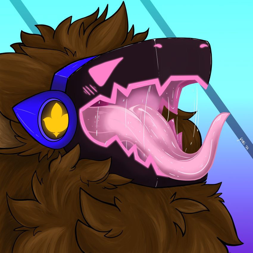 absurd_res anthro armor blue_armor bodily_fluids brown_body brown_fur fluffyfloffy fur hi_res machine mouth_shot open_mouth pacothegint pink_face protogen protogen_visor saliva saliva_string solo