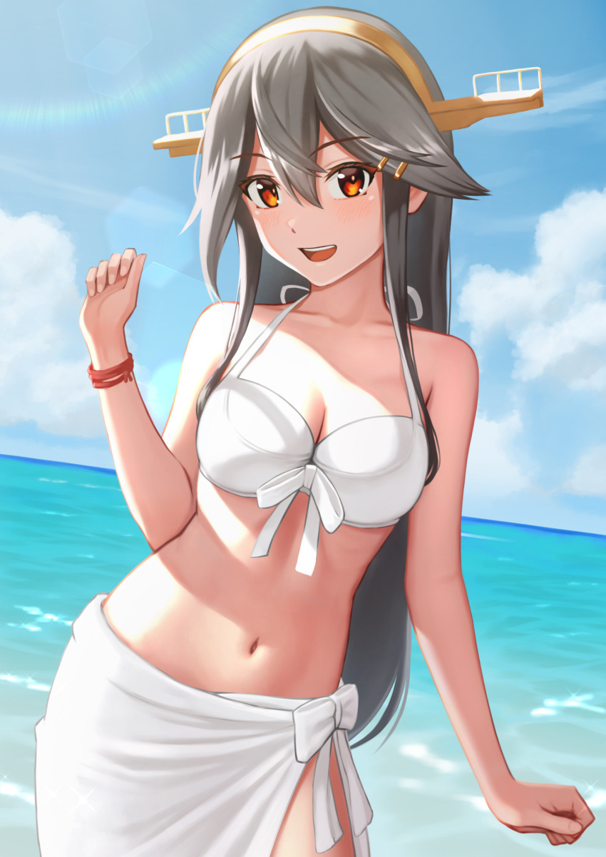 1girl bare_arms bare_shoulders bikini black_hair blush breasts cleavage collarbone day hair_between_eyes hair_ornament hairband hairclip haruna_(kancolle) haruna_kai_ni_(kancolle) headgear highres kantai_collection large_breasts long_hair navel ocean open_mouth orange_eyes porupurucha sarong smile solo swimsuit white_bikini white_sarong