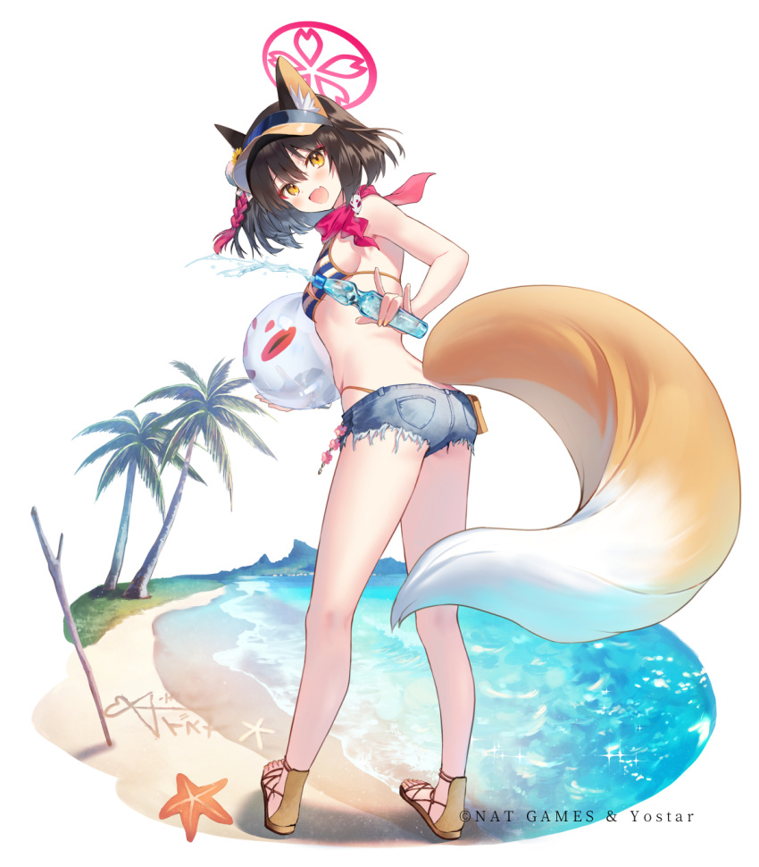 1girl animal_ears ball bare_shoulders beach beachball bikini bikini_under_clothes black_hair blue_archive blue_shorts blush bottle brown_eyes fang fox_ears fox_girl fox_shadow_puppet fox_tail from_behind full_body halo hanekoto highleg highleg_bikini highres holding holding_ball holding_beachball holding_bottle izuna_(blue_archive) izuna_(swimsuit)_(blue_archive) leaning_forward looking_at_viewer looking_back medium_hair micro_shorts official_alternate_costume official_art sandals scarf shorts side_ponytail string_bikini swimsuit tail white_background