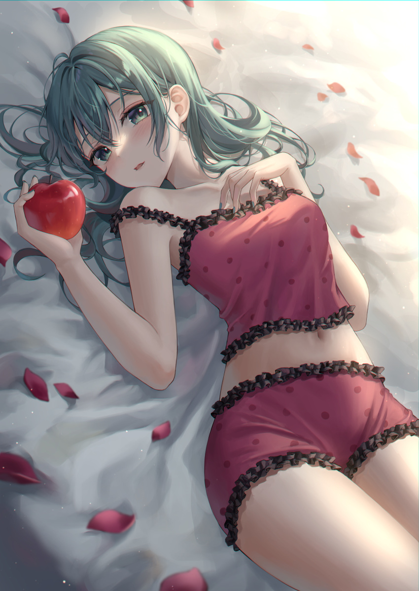 1girl absurdres apple aqua_eyes aqua_hair aqua_nails bed_sheet blush breasts camisole collarbone eyeshadow food frilled_camisole frills fruit hair_between_eyes hair_down hand_on_own_chest hatsune_miku highres holding holding_food holding_fruit long_hair lying makeup medium_breasts midriff navel on_back on_bed pajamas pale_skin parted_lips petals pink_camisole polka_dot polka_dot_camisole red_apple romeo_to_cinderella_(vocaloid) sleepwear solo thighs vocaloid wolla