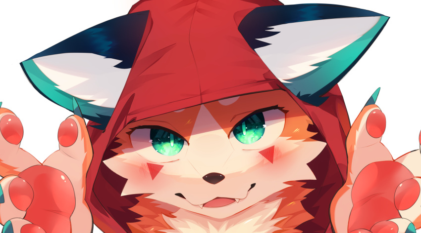 2022 9:5 absurd_res anthro blue_eyes canid canine clothing floppy_ears fox foxy_(nekojita) fur hi_res hoodie looking_at_viewer male mammal nekojita palms red_clothing red_hoodie red_topwear shaded solo topwear